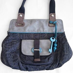 Fossil Key Per Quilted Purse Shoulder Bag Tote Brown Teal Floral Stitching Casua